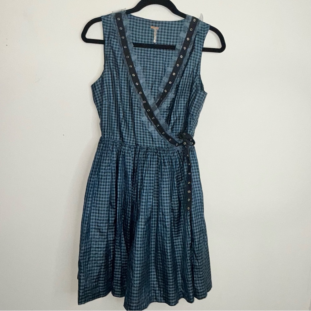 Free People Blue Check Sleeveless Wrap Silk Sundress Size 4 - Picture 4 of 15